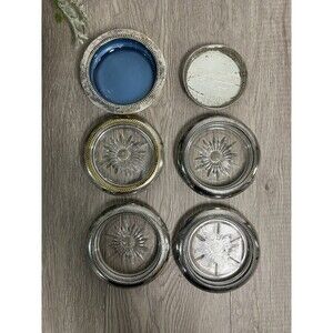 Vintage Wine Coasters Sterling Silver & Pressed Glass Sunburst MCM Lot Of 6